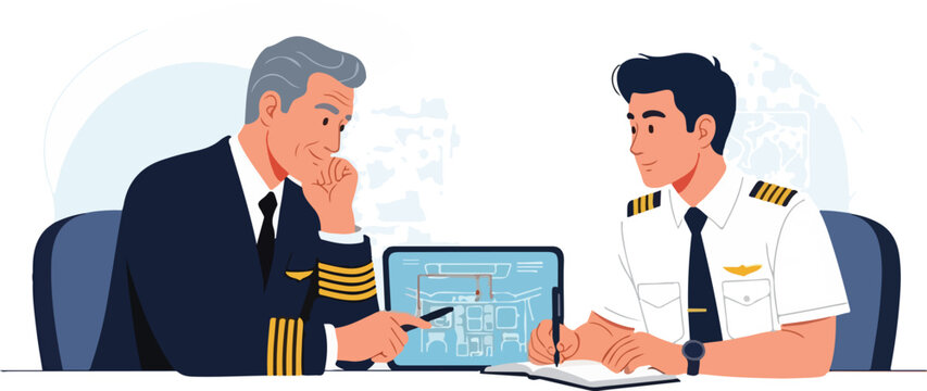 Two pilots in uniform discussing flight plans on a digital tablet with a map in a professional setting.