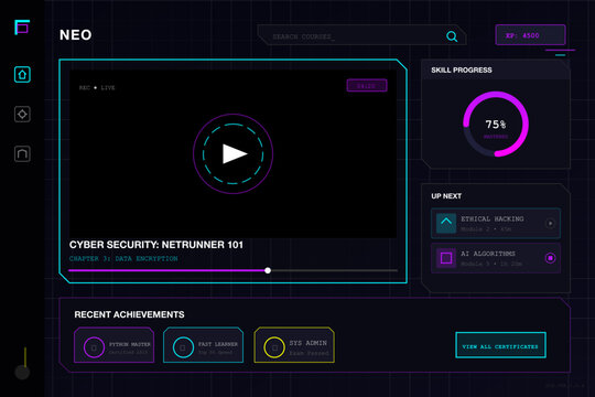 "A sleek and immersive cyberpunk-themed e-learning dashboard featuring high-contrast neon purple and cyan accents against a deep, gridded dark background. The layout uses a futuristic HUD aesthetic to