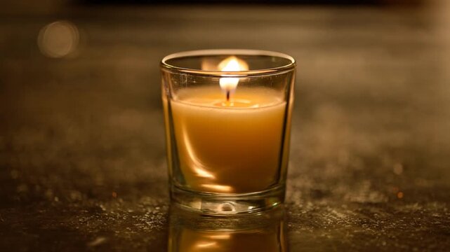 A candle flame in a glass is the focus against a dark, out-of-focus background