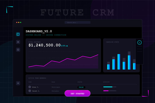 "A sleek and immersive dark-mode dashboard interface titled 'Future CRM'. The design features high-contrast neon accents in magenta and cyan, presenting complex data through elegant line graphs