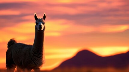 Obraz premium Majestic llama standing against a stunning sunset backdrop with mountains and vibrant colors in the background