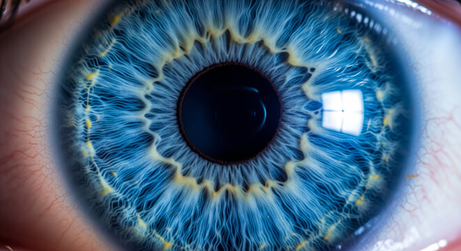 Macro blue human eye iris intricate fiber structure and pupil - organic textures concept