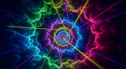 Vibrant rainbow colored fractal spiral with glowing lines and clouds in a dark background abstract cosmic design