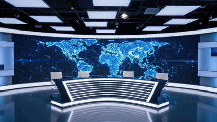 Modern News Studio with World Map Display.