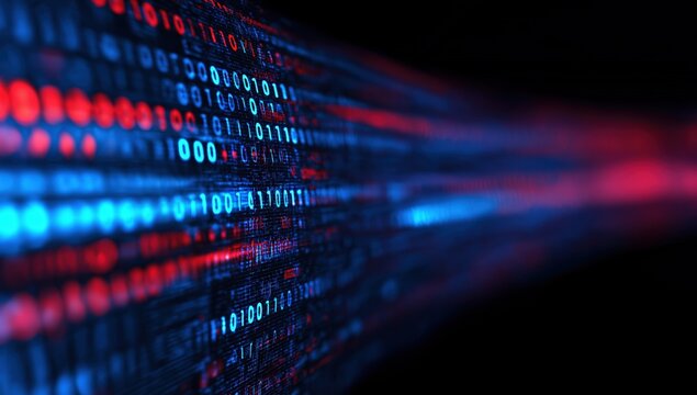 Binary code representing data streams with blue and red tones, symbolizing digital communication, cybersecurity, and global networking - Powered by Adobe