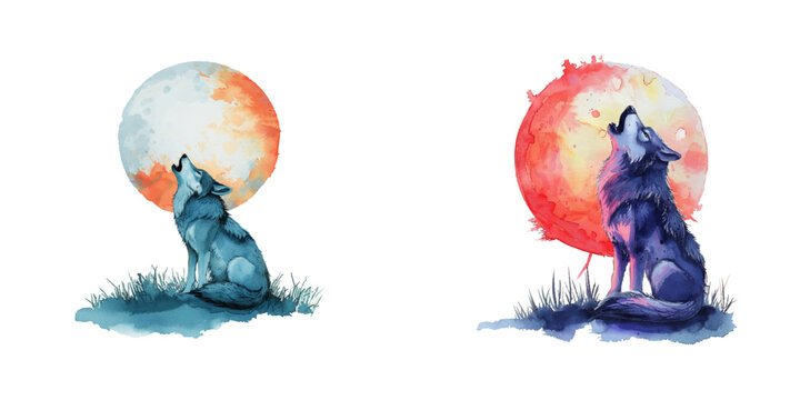 wolf howling at the moon watercolor vector illustration