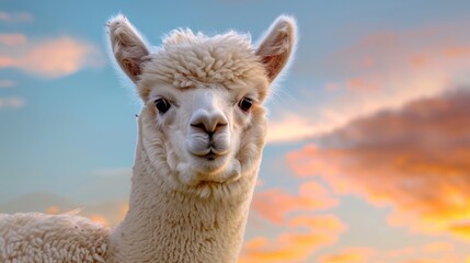 Obraz premium Charming Alpaca Portrait Against a Beautiful Sunset Sky with Soft Clouds and Warm Colors