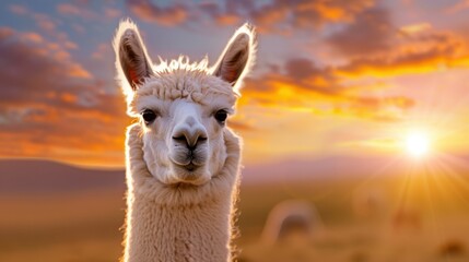 Obraz premium Close-up of a Llama Against a Stunning Sunset Landscape with Vibrant Colors and Soft Lighting in the Background