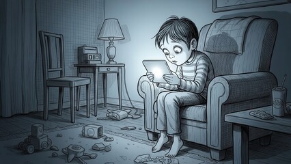 Naklejka premium Child captivated by tablet's luminous glow, lost in digital world within a quiet, dimly lit room