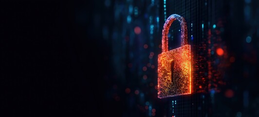 Digital padlock formed by glowing particles symbolizing data protection and network security against a dark tech background