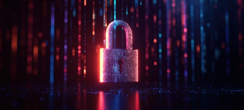 Glowing padlock icon representing cybersecurity, data encryption, and network security in a futuristic digital environment - Powered by Adobe
