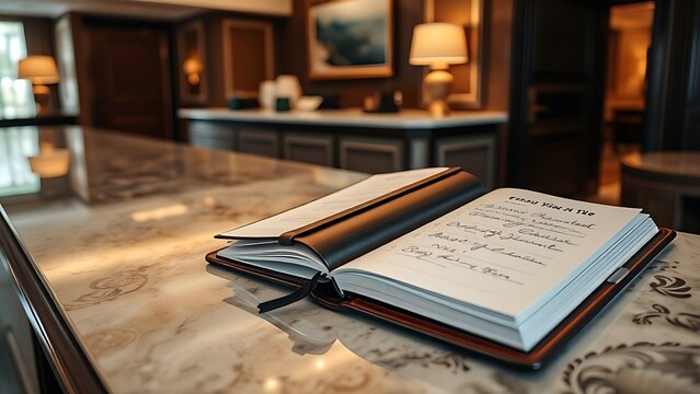 guestbook. Elegant hotel reception desk with a leather-bound guestbook open for signatures. lifestyle magazines, social media lookbooks, designed for lifestyle magazines and social media content.
