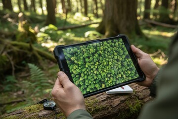 Close-up of a person holding a tablet displaying an aerial view of a dense green forest canopy.