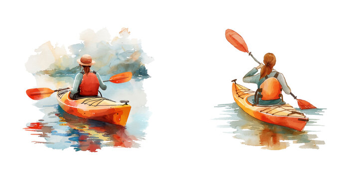 woman kayaking in the river watercolor vector illustration