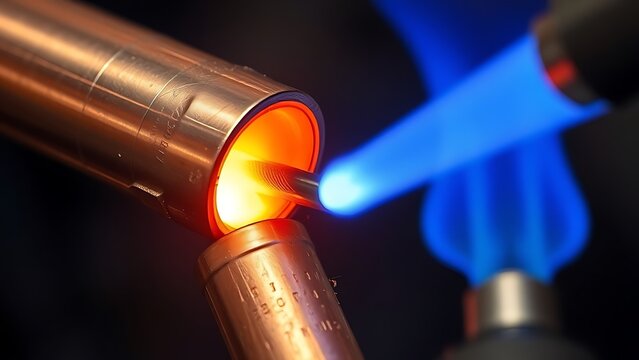 brazing. A craftsman brazing two copper pipes with molten solder under a torch flame. safety posters, maintenance manuals, designed for precision metalworking and fabrication facilities.