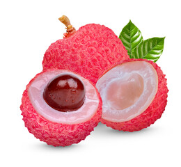 Fresh lychee with leaves isolated on transparent background (.PNG)