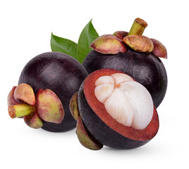 Mangosteen with leaves isolated on transparent background (.PNG)