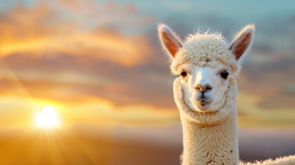 Obraz premium Cute Alpaca with Fluffy Fur Against a Vibrant Sunset Sky Creating a Serene Atmosphere in Nature