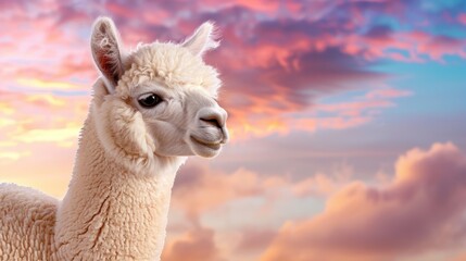 Obraz premium Charming Alpaca Portrait Against a Stunning Colorful Sunset Sky with Soft Clouds