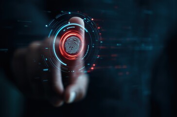 Fingerprint scan technology with futuristic interface for security and identification biometric authentication system with digital fingerprint sensor on dark background. High quality photo