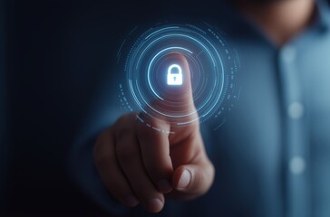 Finger touching glowing padlock icon on digital interface for security data protection and cyber security concepts blue tones technology background. High quality photo