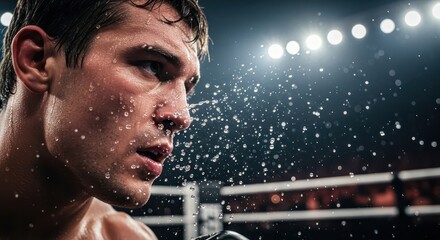 Intense concentration and determination showcased by the dripping sweat of a boxer