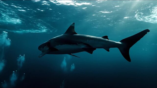 A large shark swims underwater, sunlight filters down, casting a soft glow. The shark's white belly is visible