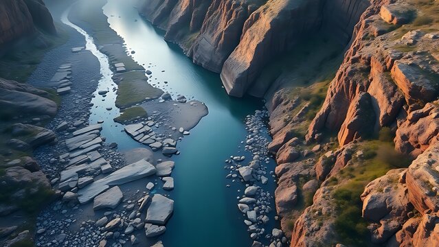 flocculation. Aerial view of small streams converging into a wide river in a canyon. travel magazines, destination branding, designed for outdoor magazines and nature guides.