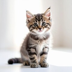 Obraz premium Adorable Tabby Kitten Sitting Indoors with Curious Expression.