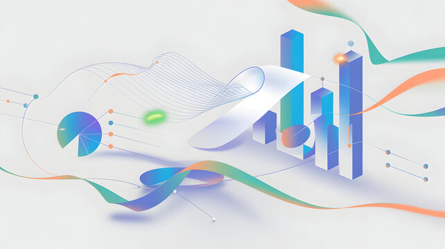 Isometric Business Data Visualization with Graphs, Pie Charts, and Flowing Lines - Powered by Adobe