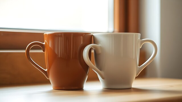 schlegel. Two ceramic mugs of different colors interlocked on a wooden table. bar promotions, beverage menus, designed for product packaging and bar promotions, used by logistics managers.