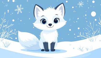 Adorable White Fox in Snowy Landscape Illustration.