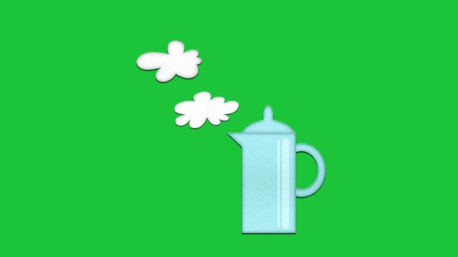 Minimal teapot steam animation on green chroma key background, clean motion graphic for overlay and compositing use