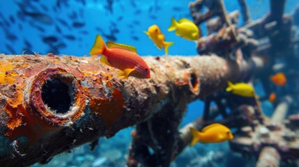 Obraz premium Colorful Tropical Fish Swimming Around Rusty Underwater Pipeline in Beautiful Coral Reef Environment