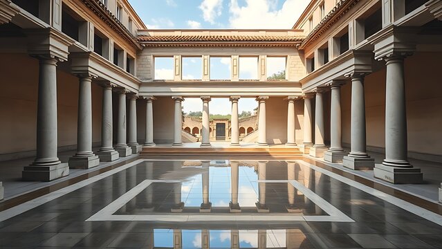 domus. The atrium of an ancient Roman villa, a square impluvium reflecting colonnade and sky. real-estate listings.