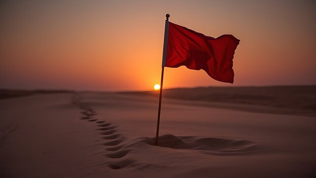 sedition. Broken flagpole in sandy ground with retreating footprints, sunset symbolic of surrender. inspiring travel planning.