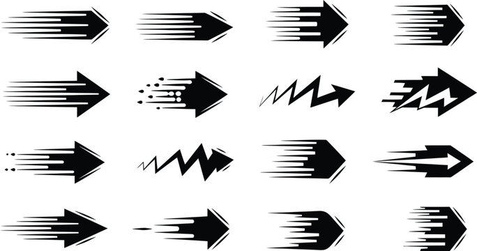 Collection of 16 dynamic black arrow icons representing speed, motion, and direction with various line effects.