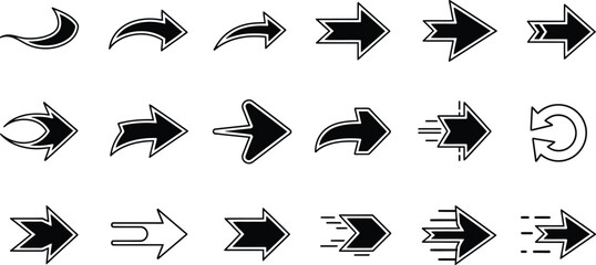 Set of 20 black arrow icons in various styles, including curved, sharp, speed-lined, and segmented designs for direction and motion.