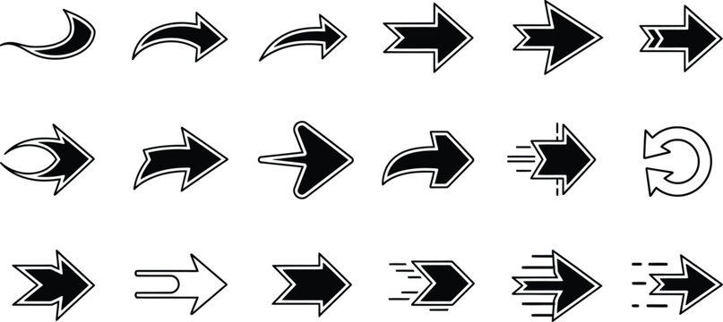 Set of 20 black arrow icons in various styles, including curved, sharp, speed-lined, and segmented designs for direction and motion.
