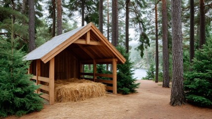 Wooden shelter with straw in a pine forest