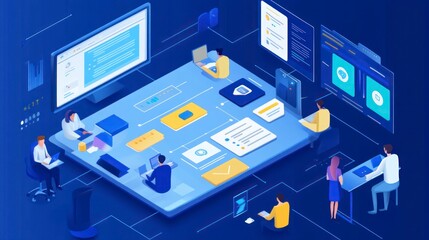 Obraz premium Digital Workspace with Multiple Monitors and Team.