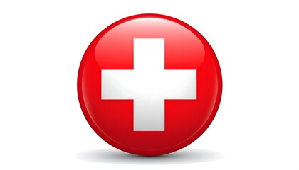 Obraz premium Red round icon with a white cross in the center, reflecting light on a white background