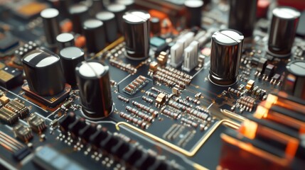 Electronic Circuit Board with Capacitors and Components.