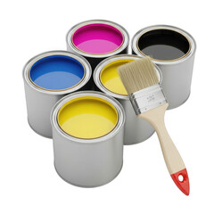 Assortment of colorful paint cans with a paintbrush isolated on transparent background