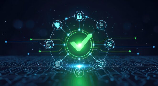 A digital illustration of a green checkmark surrounded by icons representing various security features on a circuit board background.