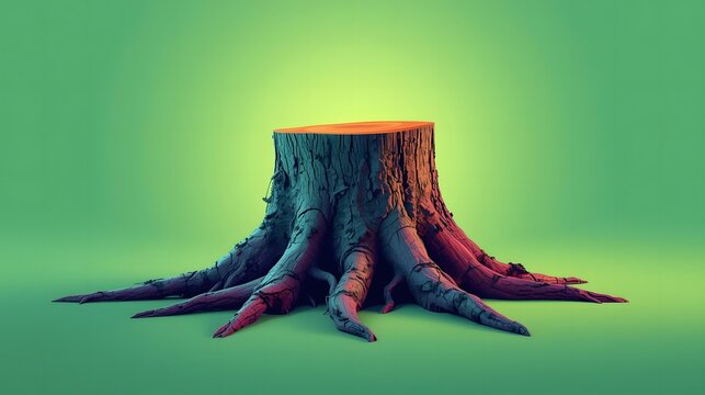 Tree stump with blue magic roots in dark forest for fantasy nature