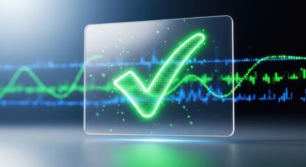 A digital representation of a green checkmark on a transparent screen, with a background of fluctuating green and blue lines suggesting a financial chart.