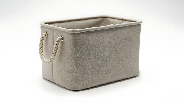 Empty beige fabric storage basket with rope handles isolated on white background for home organization, laundry management, and decluttering closets or shelves in a modern minimalist interior design