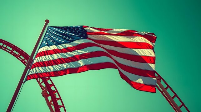 USA flag near roller coaster for holiday and travel in theme park view