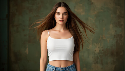 Naklejka premium Beautiful young woman with flowing hair posing in front of textured background looking at camera